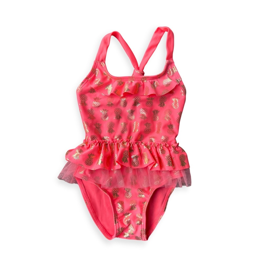 Real Love Baby Girls Pink Gold Metallic Pineapple Skirted One Piece Swimsuit 12M